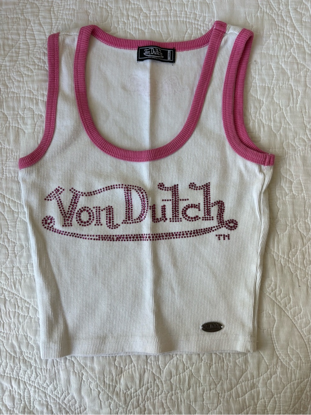 Von Dutch White Tank with Pink Rhinestone Logo